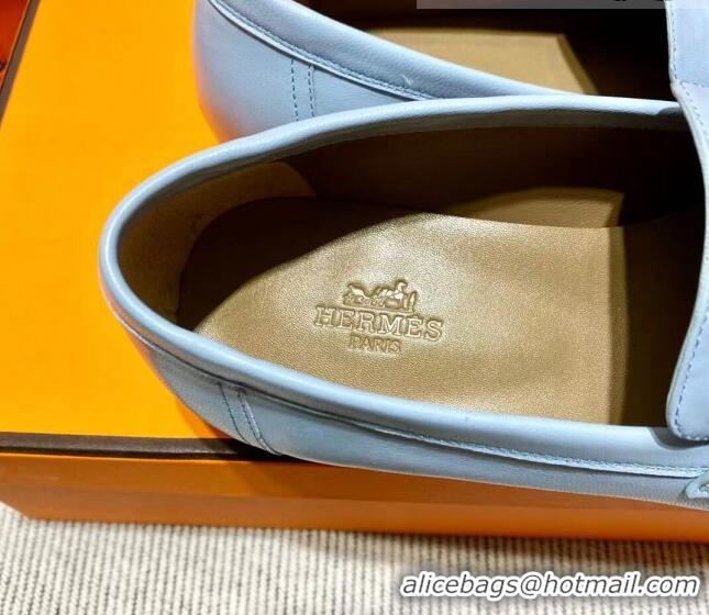 Duplicate Hermes Royal Loafer in Calfskin Baby Blue/Brown 611071