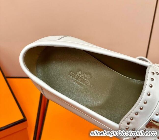 Duplicate Hermes Royal Loafer in Calfskin White/Studs 611086