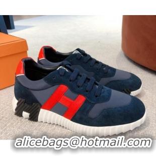 Duplicate Hermes Bouncing Knit and Suede Sneakers Navy Blue 062224