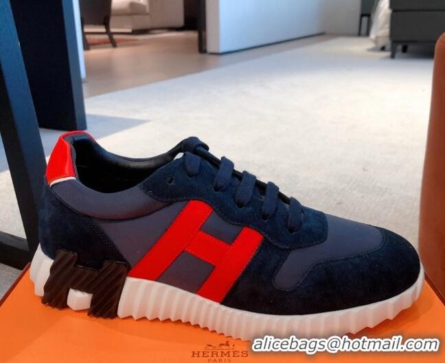 Duplicate Hermes Bouncing Knit and Suede Sneakers Navy Blue 062224