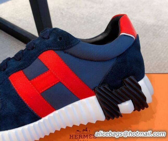 Duplicate Hermes Bouncing Knit and Suede Sneakers Navy Blue 062224