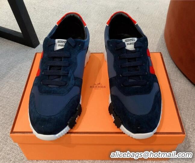 Duplicate Hermes Bouncing Knit and Suede Sneakers Navy Blue 062224