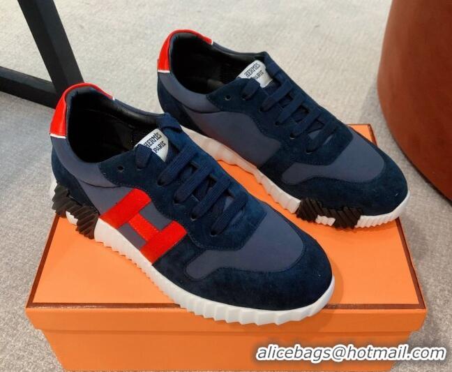 Duplicate Hermes Bouncing Knit and Suede Sneakers Navy Blue 062224