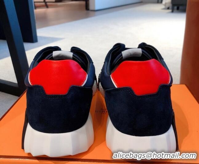 Duplicate Hermes Bouncing Knit and Suede Sneakers Navy Blue 062224