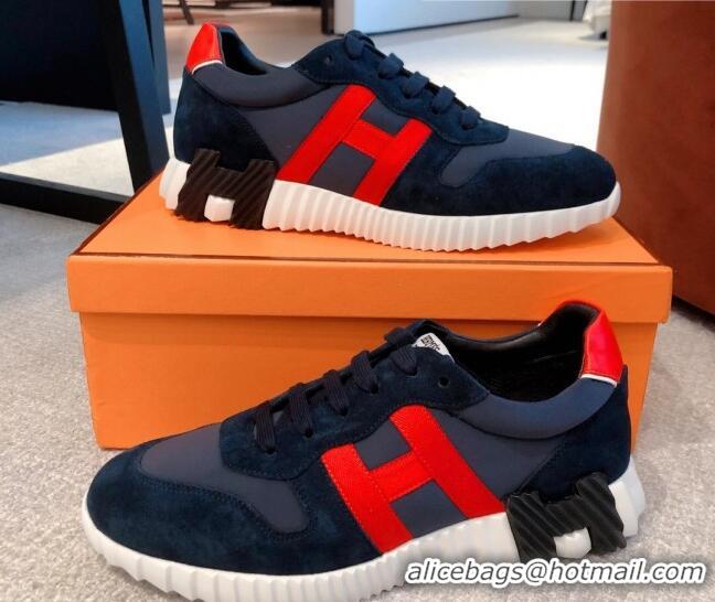 Duplicate Hermes Bouncing Knit and Suede Sneakers Navy Blue 062224