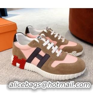 Stylish Hermes Bouncing Knit and Suede Sneakers Brown/Pink 062225