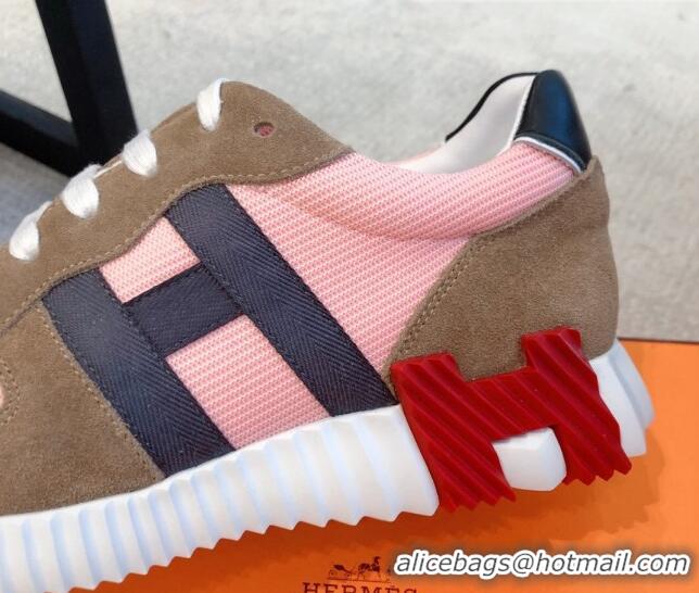 Stylish Hermes Bouncing Knit and Suede Sneakers Brown/Pink 062225