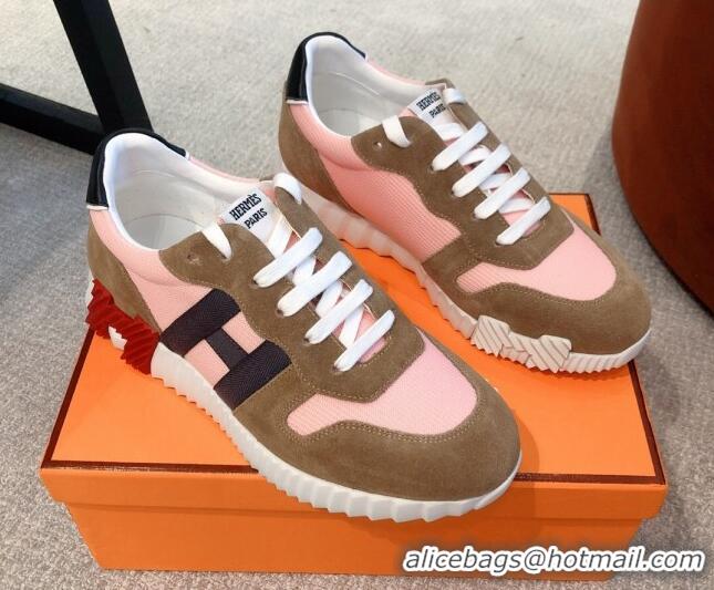 Stylish Hermes Bouncing Knit and Suede Sneakers Brown/Pink 062225