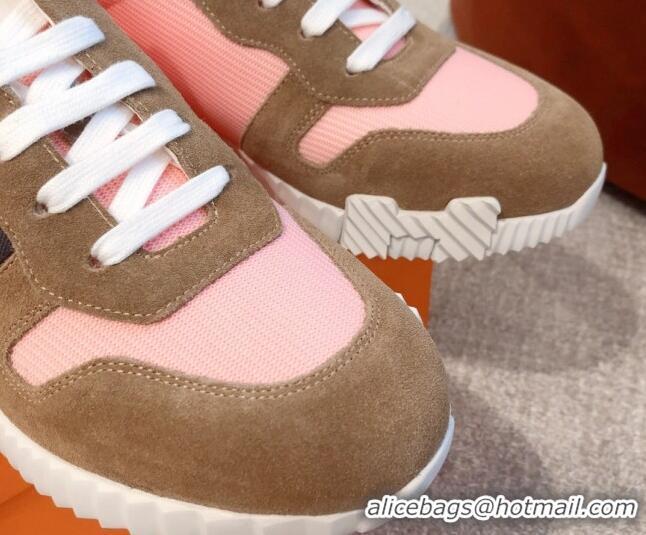 Stylish Hermes Bouncing Knit and Suede Sneakers Brown/Pink 062225