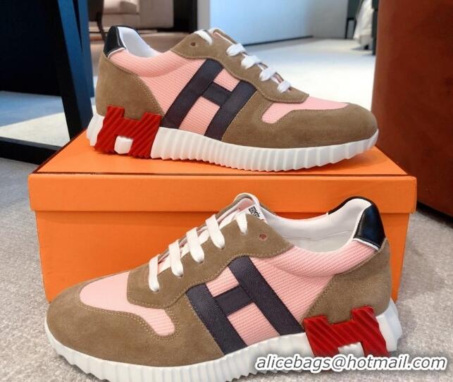 Stylish Hermes Bouncing Knit and Suede Sneakers Brown/Pink 062225