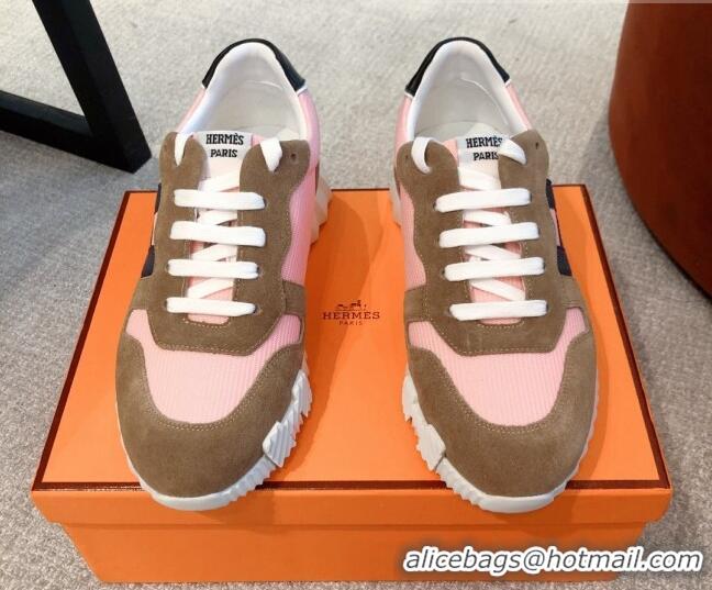 Stylish Hermes Bouncing Knit and Suede Sneakers Brown/Pink 062225