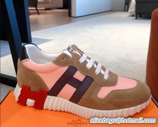 Stylish Hermes Bouncing Knit and Suede Sneakers Brown/Pink 062225