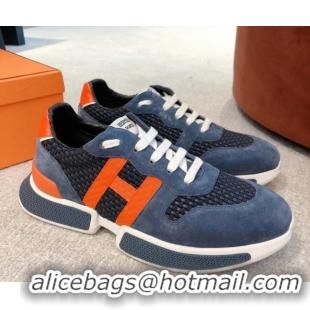 Sophisticated Hermes Bouncing Woven and Suede Sneakers Navy Blue 062228