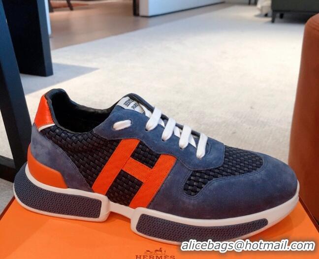 Sophisticated Hermes Bouncing Woven and Suede Sneakers Navy Blue 062228