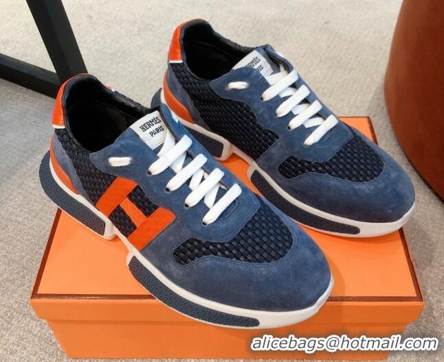 Sophisticated Hermes Bouncing Woven and Suede Sneakers Navy Blue 062228