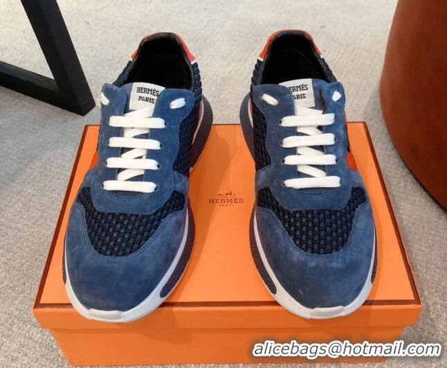 Sophisticated Hermes Bouncing Woven and Suede Sneakers Navy Blue 062228