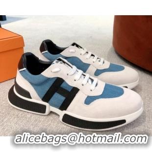 Durable Hermes Bouncing Denim and Suede Sneakers White/Blue 062229