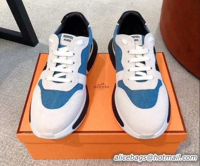 Durable Hermes Bouncing Denim and Suede Sneakers White/Blue 062229