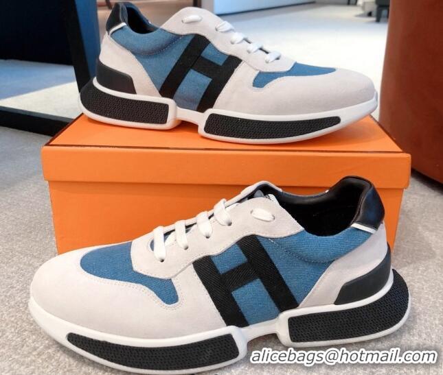 Durable Hermes Bouncing Denim and Suede Sneakers White/Blue 062229