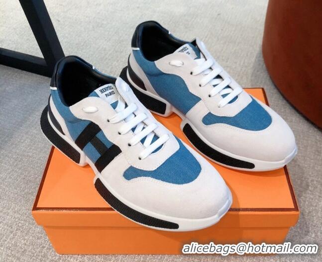 Durable Hermes Bouncing Denim and Suede Sneakers White/Blue 062229