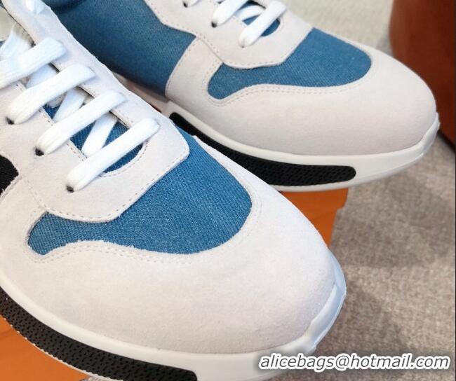 Durable Hermes Bouncing Denim and Suede Sneakers White/Blue 062229