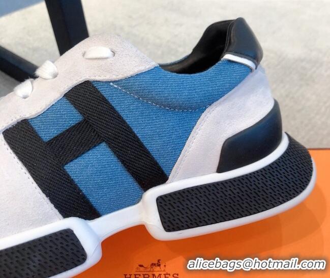 Durable Hermes Bouncing Denim and Suede Sneakers White/Blue 062229