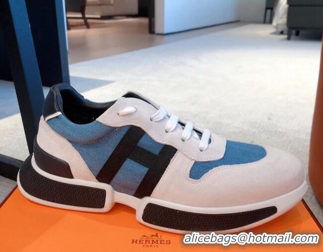 Durable Hermes Bouncing Denim and Suede Sneakers White/Blue 062229