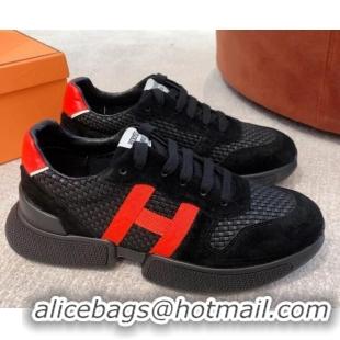 Good Quality Hermes Bouncing Woven and Suede Sneakers Black 062230