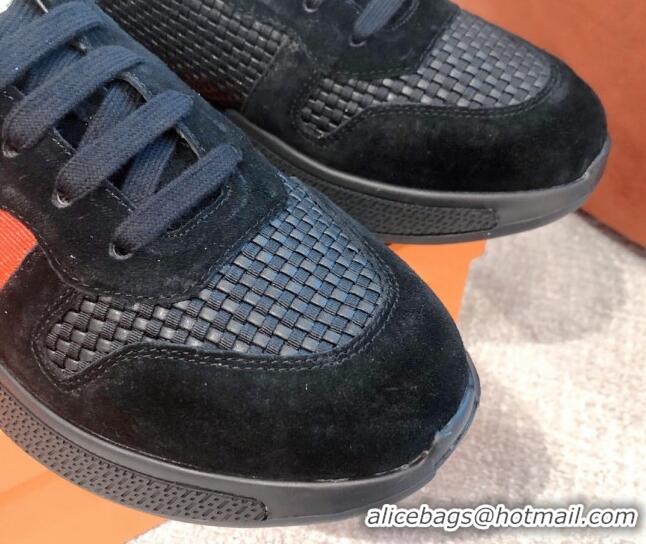 Good Quality Hermes Bouncing Woven and Suede Sneakers Black 062230