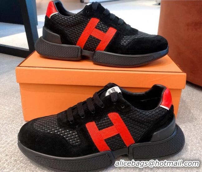 Good Quality Hermes Bouncing Woven and Suede Sneakers Black 062230