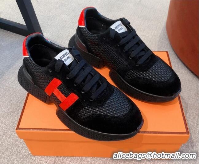 Good Quality Hermes Bouncing Woven and Suede Sneakers Black 062230