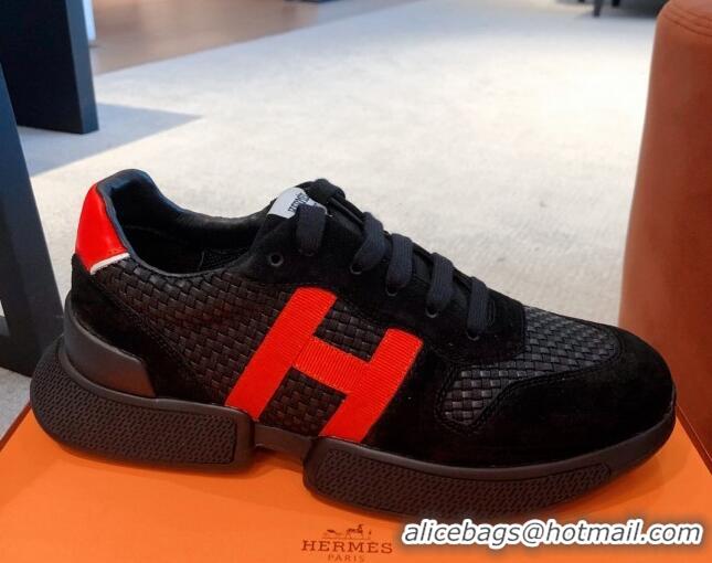 Good Quality Hermes Bouncing Woven and Suede Sneakers Black 062230