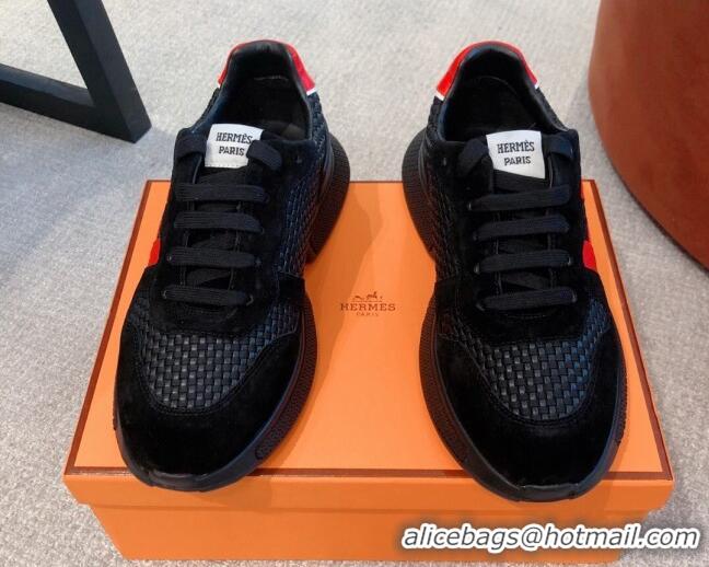 Good Quality Hermes Bouncing Woven and Suede Sneakers Black 062230