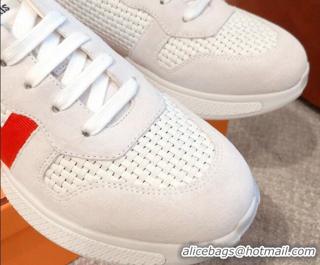 Perfect Hermes Bouncing Woven and Suede Sneakers White 062231