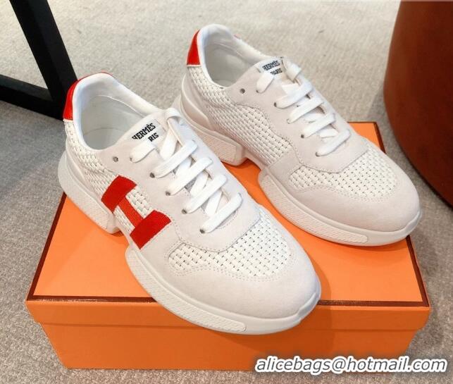 Perfect Hermes Bouncing Woven and Suede Sneakers White 062231