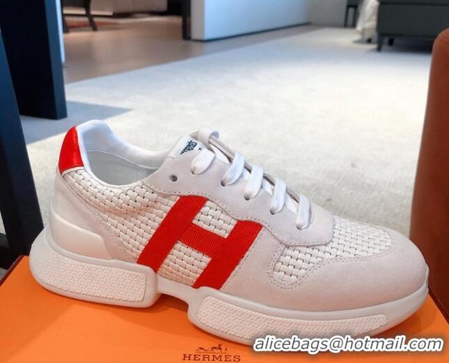 Perfect Hermes Bouncing Woven and Suede Sneakers White 062231