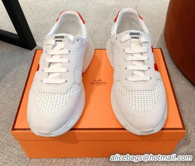 Perfect Hermes Bouncing Woven and Suede Sneakers White 062231