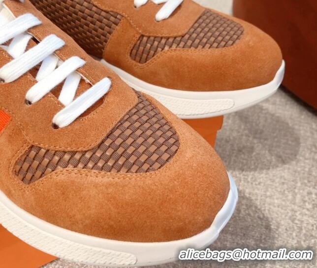 Discount Hermes Bouncing Woven and Suede Sneakers Brown 062232