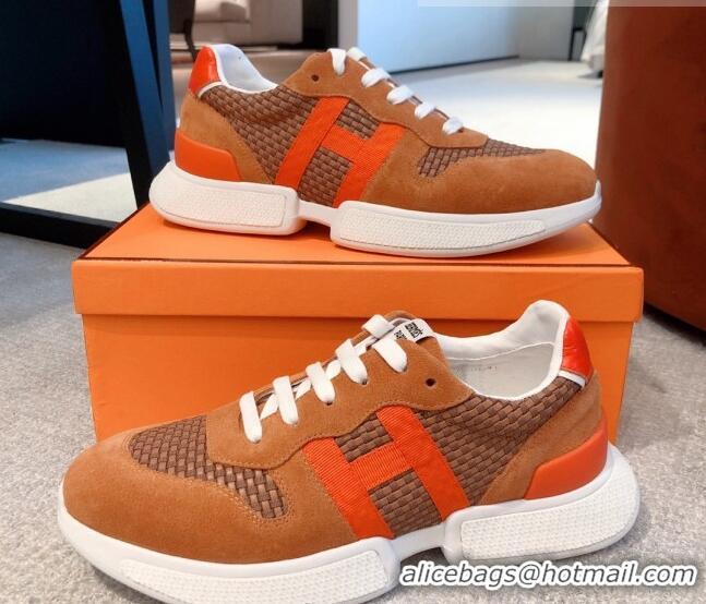 Discount Hermes Bouncing Woven and Suede Sneakers Brown 062232