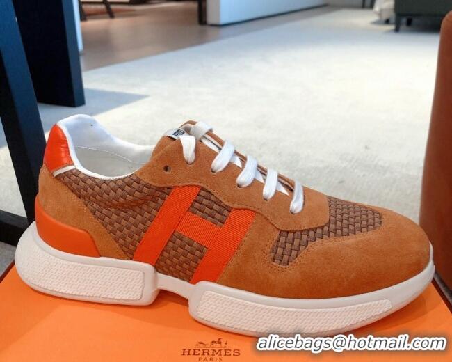 Discount Hermes Bouncing Woven and Suede Sneakers Brown 062232