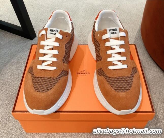 Discount Hermes Bouncing Woven and Suede Sneakers Brown 062232