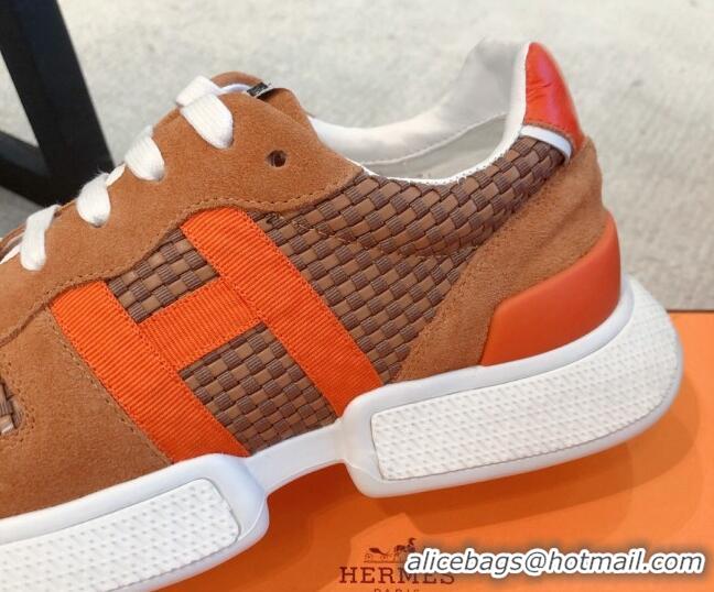 Discount Hermes Bouncing Woven and Suede Sneakers Brown 062232