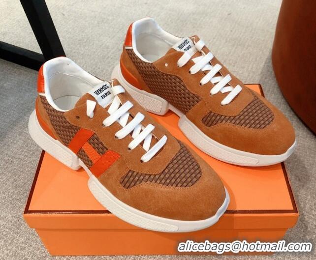 Discount Hermes Bouncing Woven and Suede Sneakers Brown 062232