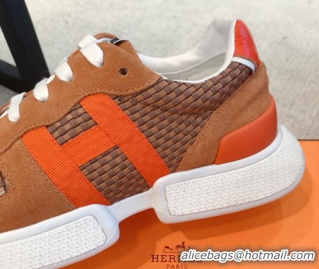 Discount Hermes Bouncing Woven and Suede Sneakers Brown 062232