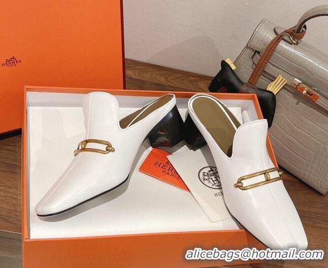 Classic Hot Hermes Eloise Swift Leather Heel Mules 5cm White 062237