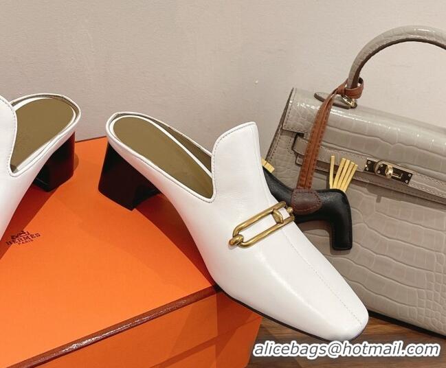 Classic Hot Hermes Eloise Swift Leather Heel Mules 5cm White 062237