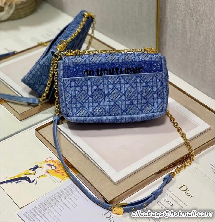 Top Design MEDIUM DIOR CARO BAG Macrocannage Tweed Embroidery M9242 blue