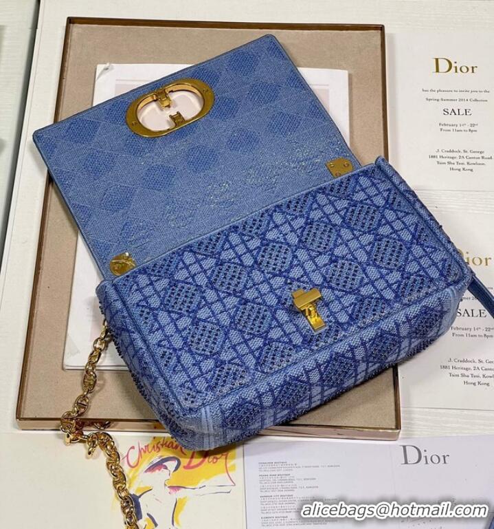 Top Design MEDIUM DIOR CARO BAG Macrocannage Tweed Embroidery M9242 blue