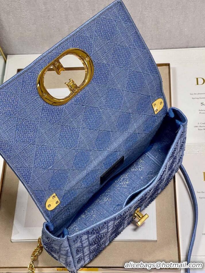 Top Design MEDIUM DIOR CARO BAG Macrocannage Tweed Embroidery M9242 blue