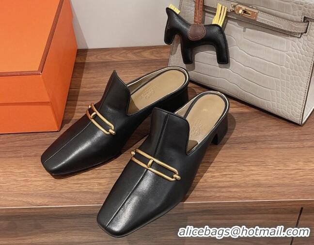 Grade Quality Hermes Eloise Swift Leather Heel Mules 5cm Black 062238